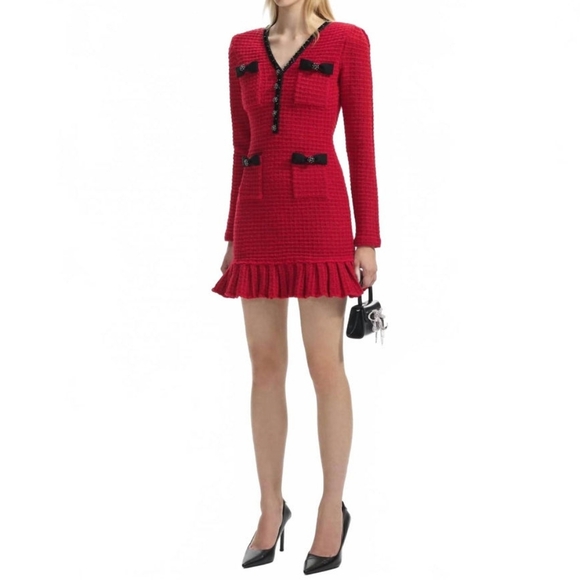 Self-Portrait Textured Knit Long-Sleeve Dress - Red with Black Details - Small - Picture 9 of 10